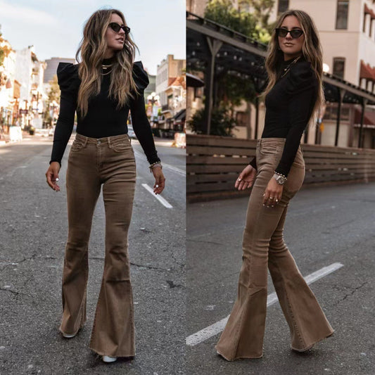 Solid Color High-Waist Slim Fit Corduroy Flared Pants with Elastic